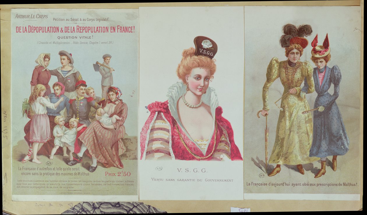 Depopulation and Repopulation in France, brožura Arthura Le Crepse proti malthusianismu, 1895 (barevná rytina) od French School