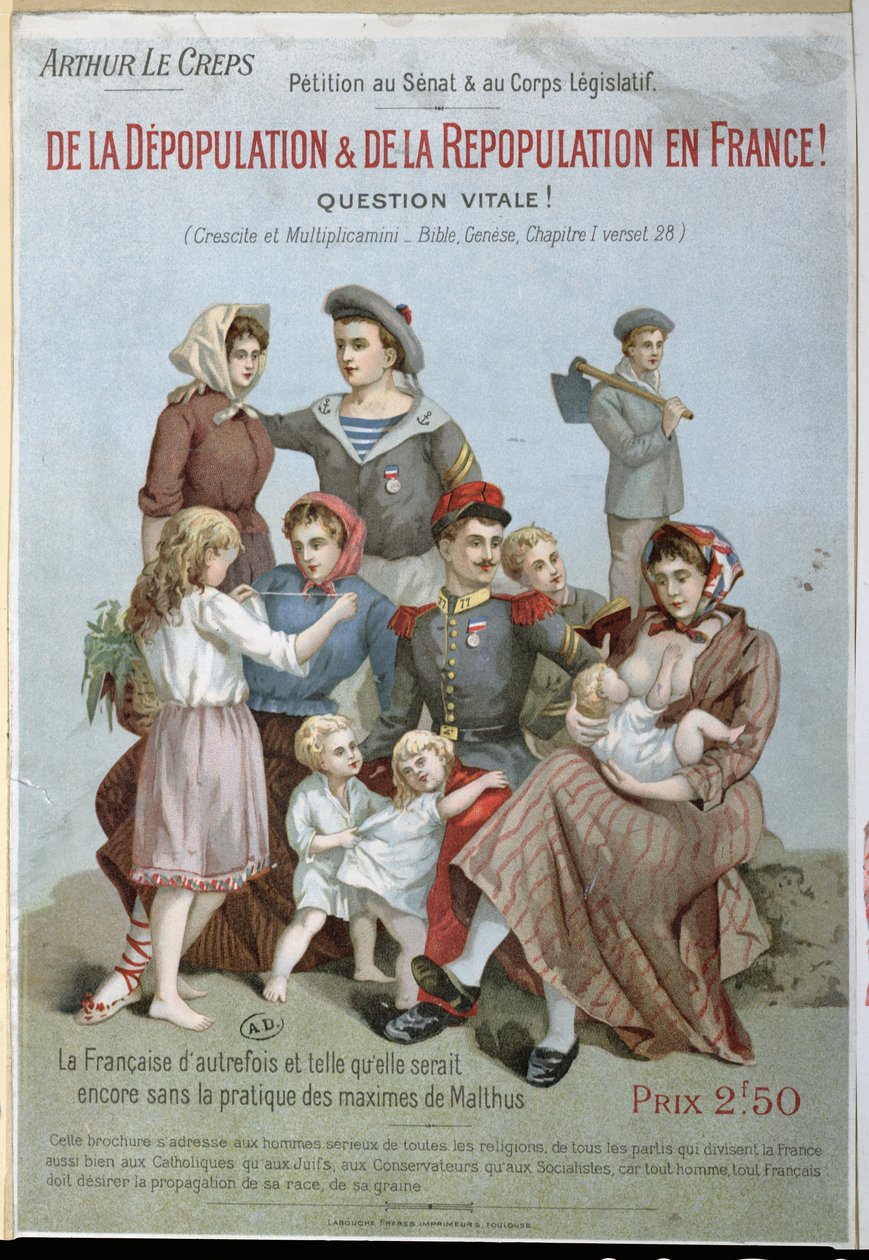 Depopulation and Repopulation in France, brožura Arthura Le Crepse proti malthusianismu, 1895 (barevná rytina) od French School