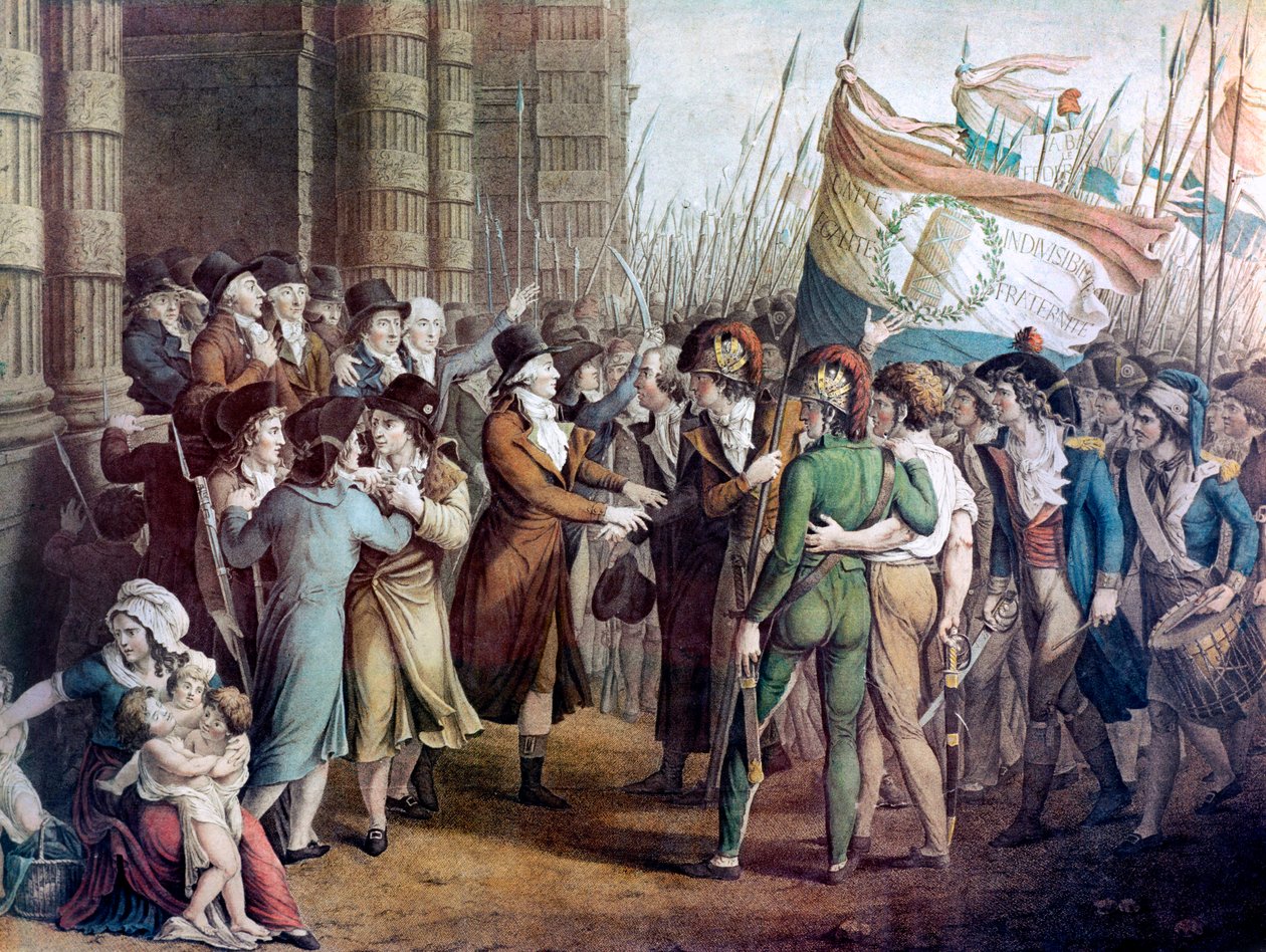 Poslanci Národního konventu opouštějí shromáždění v Tuileries, 31. května 1793 – „“ Le 31. května 1793“ – Paříž, 31. května 1793: občané ozbrojení před Girondiny vystoupili z Konventu poté, co byli zbiti Montagnardy, v roce popředí od French School