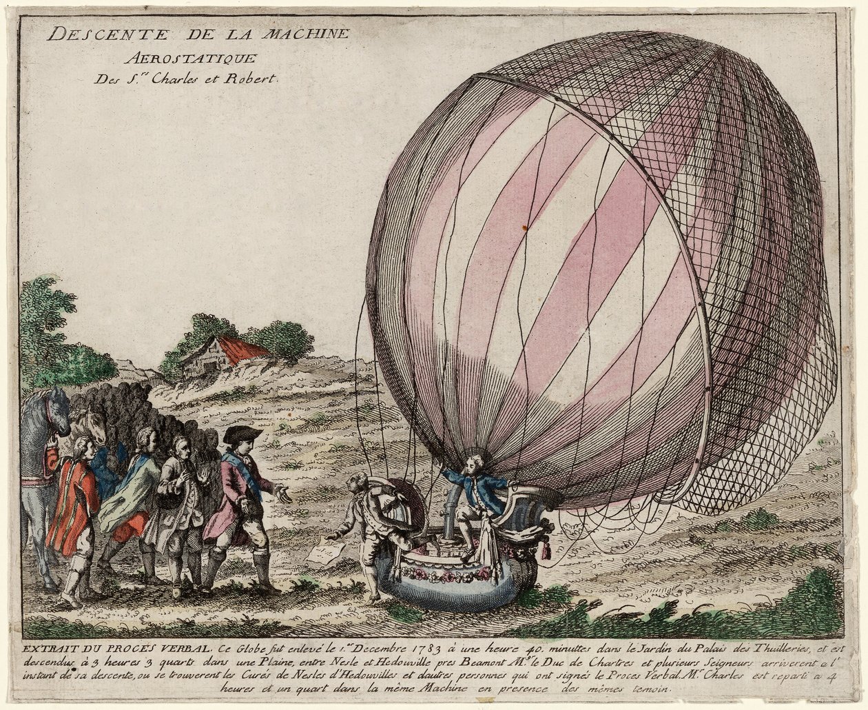 Sestup aerostatického stroje Srs. Karel a Robert, hospoda. 1783 (ručně kolorovaná rytina) od French School