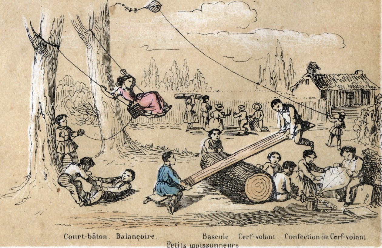 Popis volnočasových aktivit a her dětí: hry v přírodě, krátká hůl, houpačka, houpání (ťukání po zadku) a výroba draka (létání draka). Deska “” les jeux de l