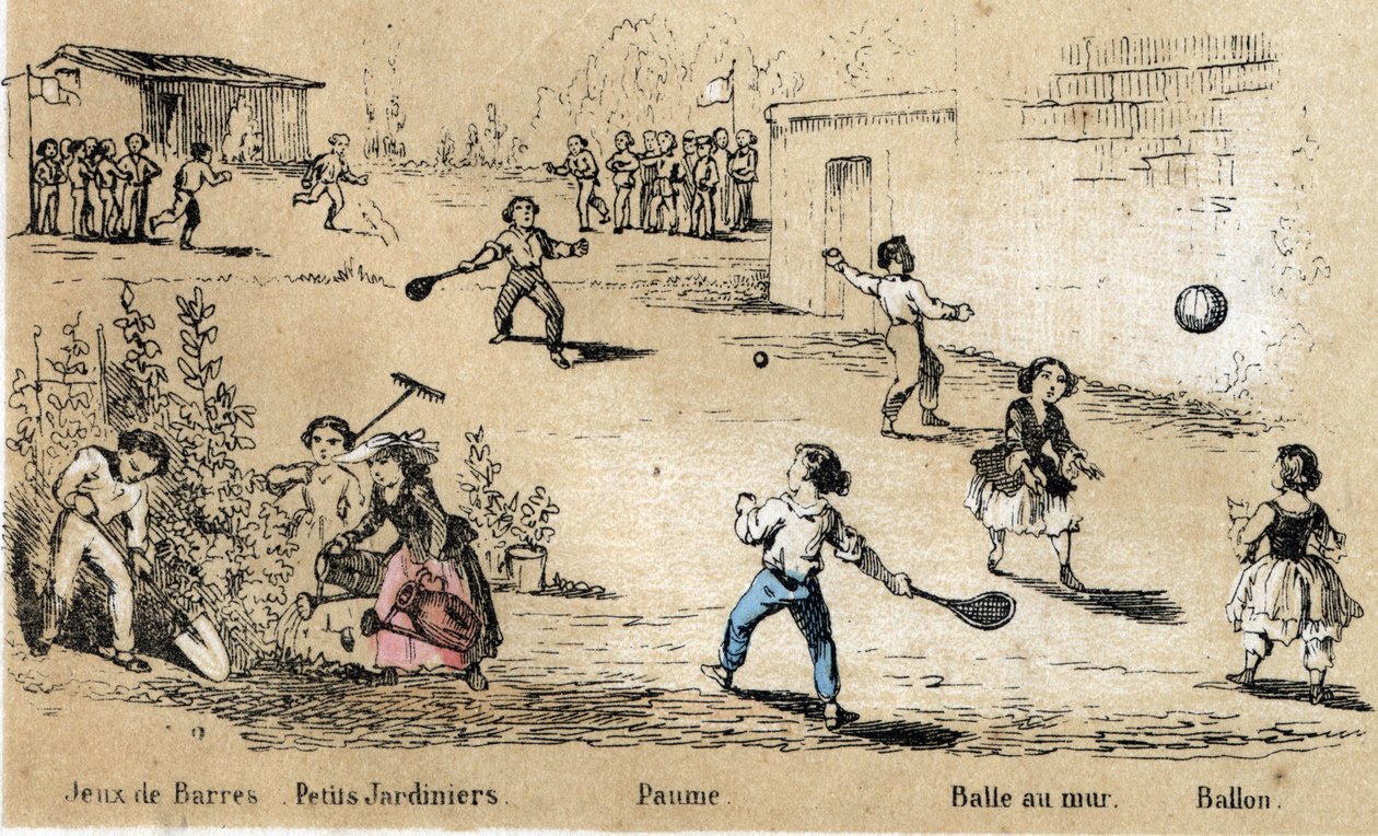 Popis dětského volného času a her: míčové a míčové hry (míč ke zdi, hra s dlaní) a zahradničení. Deska “” les jeux de l