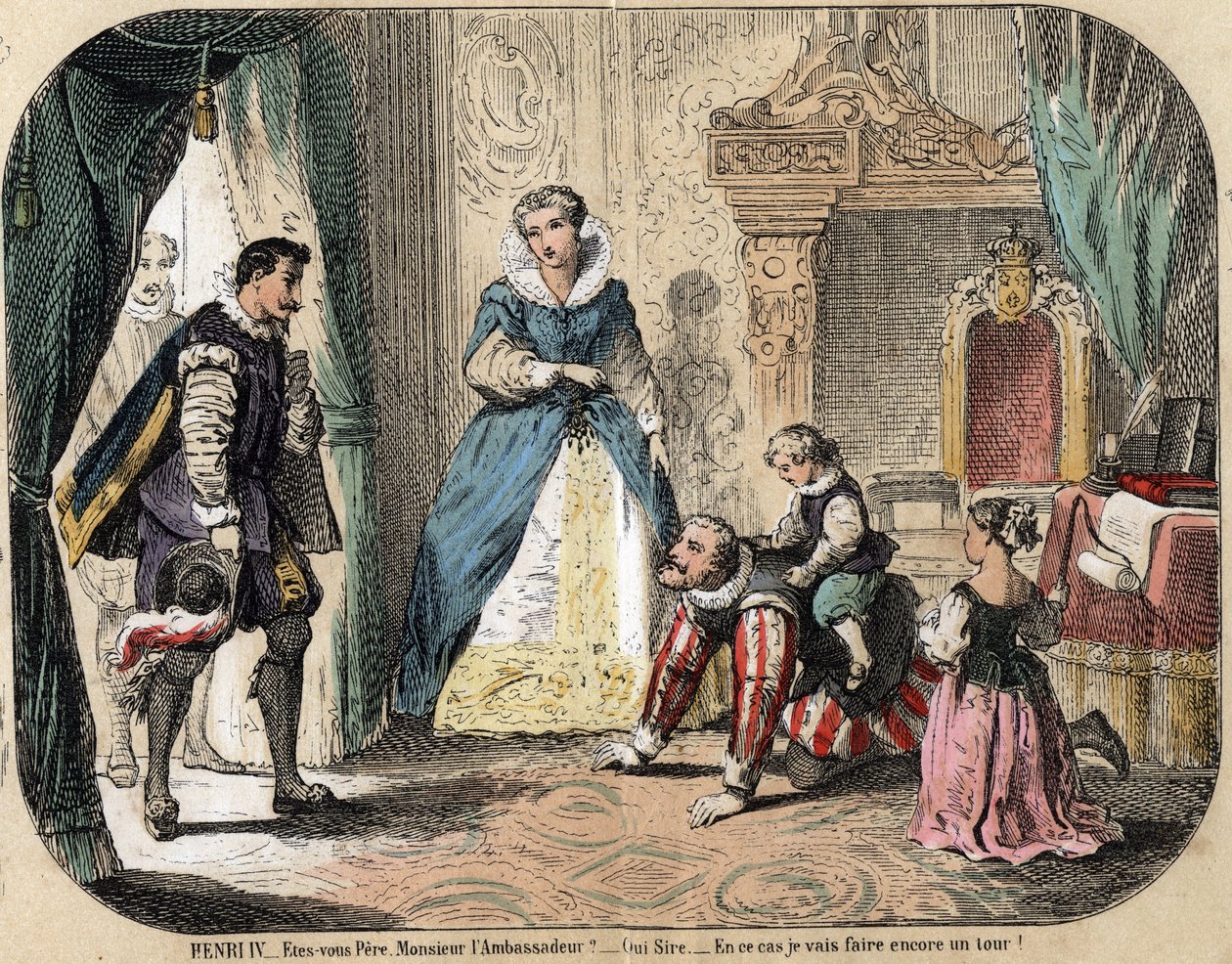 Popis dětského odpočinku a hry: Francouzský král Jindřich IV. (1553-1610) si hraje se svými dětmi (pravděpodobně Ludvíkem XIII. a Alžbětou Francouzskou) před španělským velvyslancem. Královna Marie Medicejská je přítomna. Deska "" les jeux de l