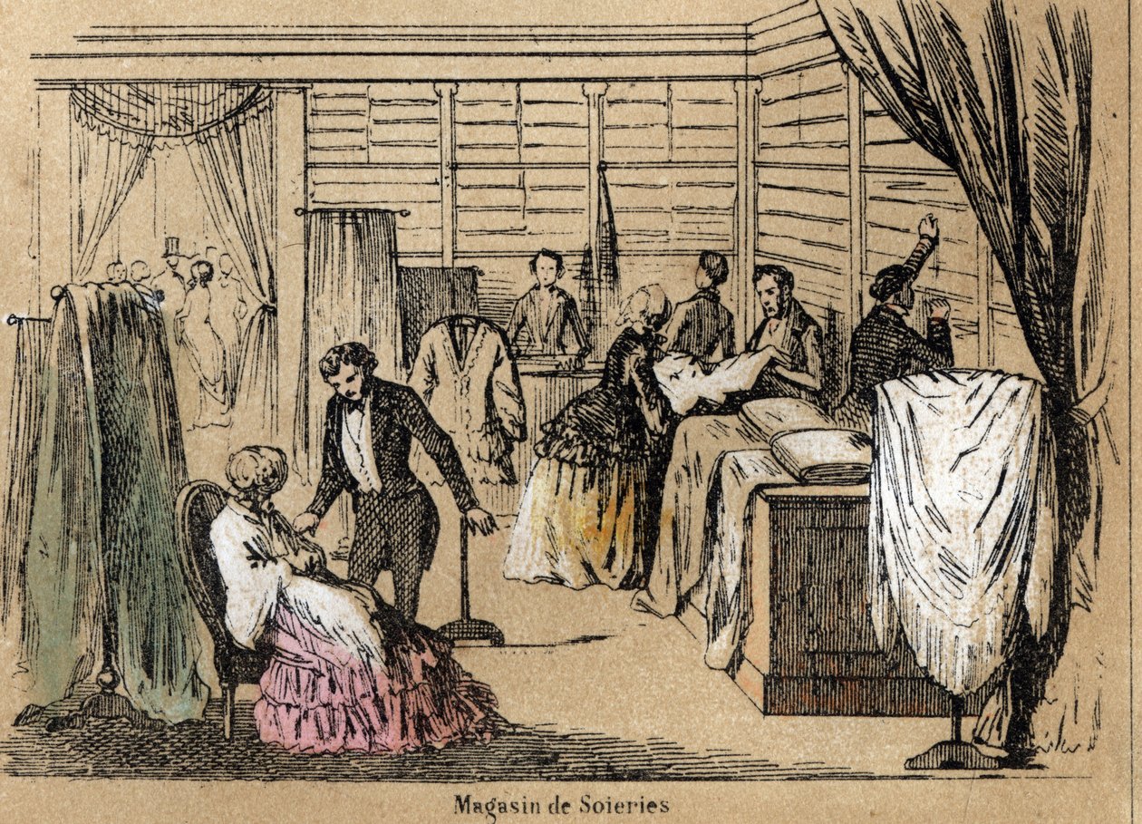 Popis kultury a hedvábných výrobků: prodejna hedvábí. Talíř “” la soie”” v “” les Recreations instructives”” Synoptický obraz od Julese DELBRUCKA, rytina z roku 1860. Soukromá sbírka. od French School
