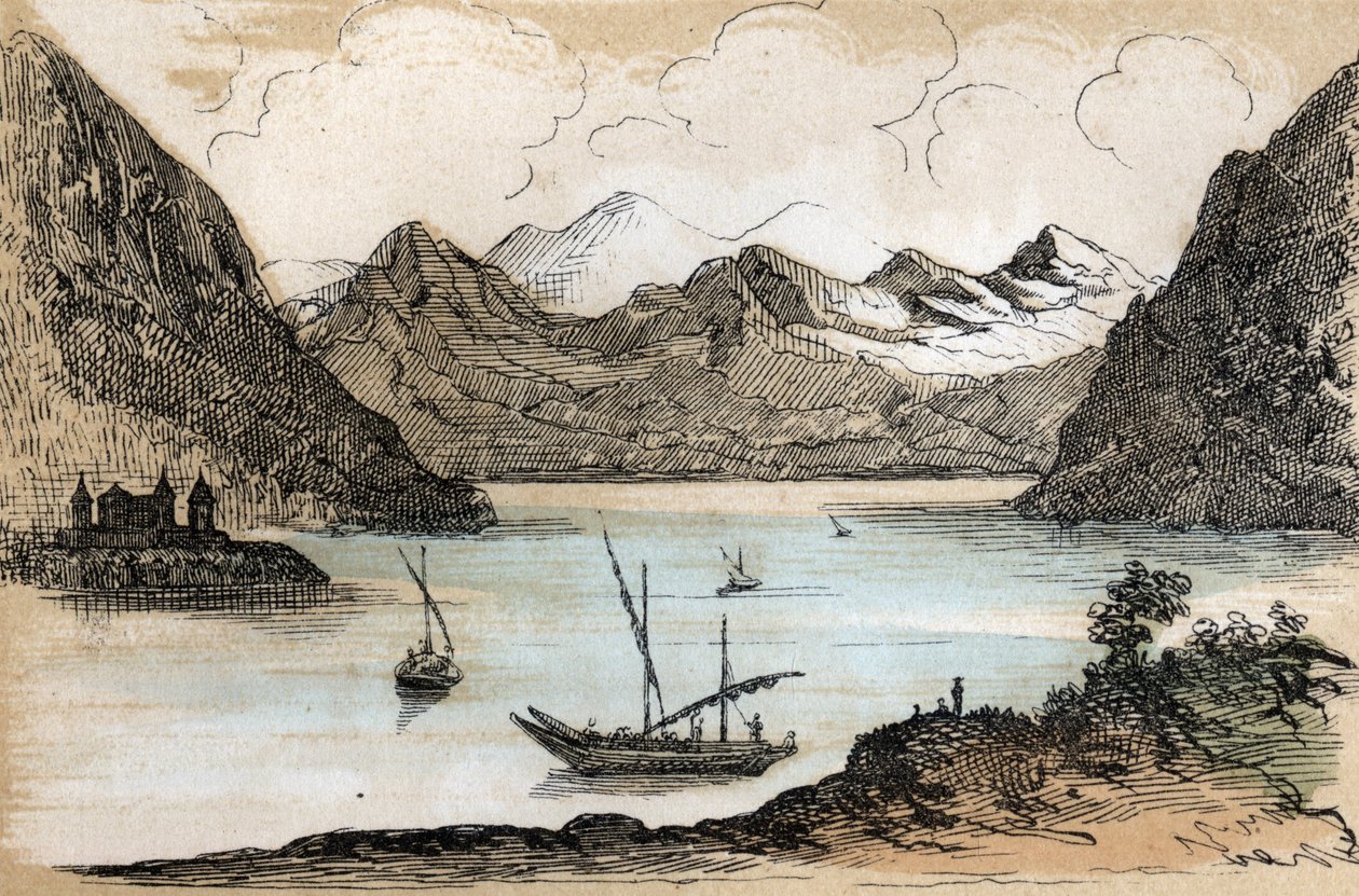 Popis různých typů krajin a reliéfů podle geografie: detail zobrazující Ženevské jezero. Deska “”Fyzická geografie”” v “”les Recreations instructives”” Synoptická malba od Julese DELBRUCKA, rytina z roku 1860. Soukromá sbírka od French School