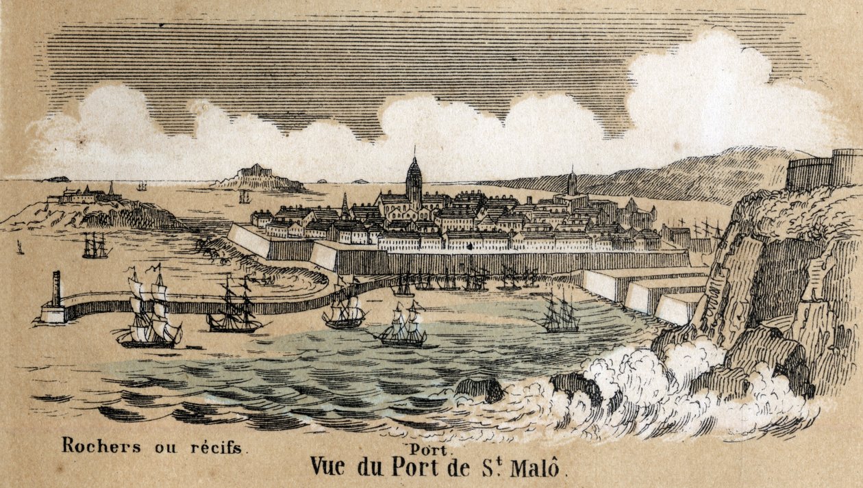 Popis různých typů krajin a reliéfů podle geografie: detail zobrazující přístav Saint Malo (Saint-Malo) v Bretani. Deska “”Fyzická geografie”” v “”les Recreations instructives”” Synoptická malba od Julese DELBRUCKA, e. od French School