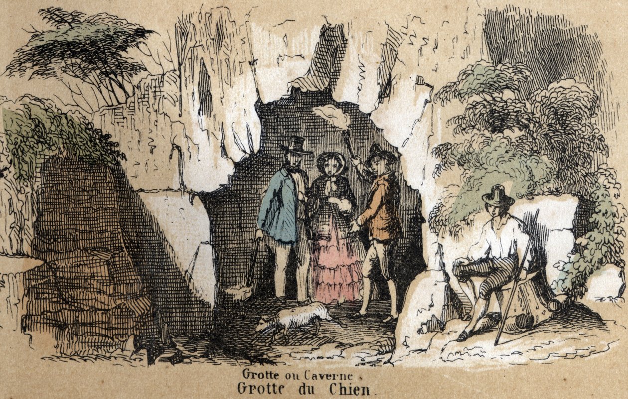 Popis různých typů krajiny a reliéfů v závislosti na geografii: detail představující návštěvníky v psí jeskyni. Deska “”Fyzická geografie”” v “”les Recreations instructives”” Synoptická malba Julese DELBRUCKA, rytina z 18. od French School