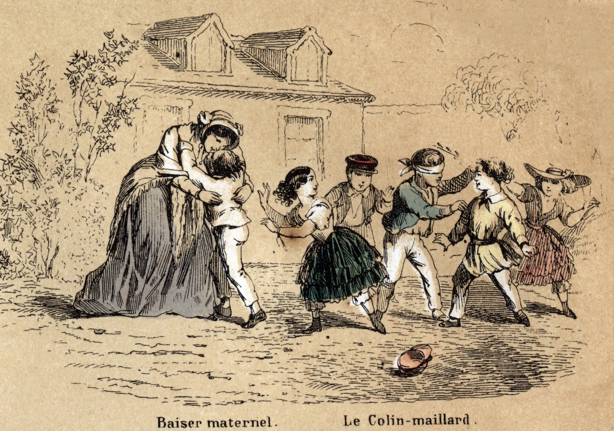 Popis pěti smyslů: hmat, matka objímající své dítě pro mateřský kontakt a hra Collina-Aillarda. Talíř “” Les cinq sens”” v “” les Recreations instructives”” Synoptický obraz od Julese Delbrucka, rytina z roku 1860. Soukromé od French School