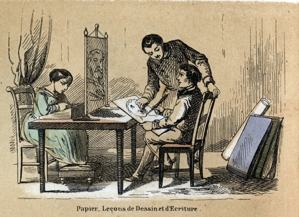 Popis různých výrobků a použití papíru: soud pro kreslení a psaní. Talíř „“ Le papier et ses produits““ v „“ les Recreations instructives““ Synoptický obraz od Julese Delbrucka, rytina z roku 1860. Soukromá sbírka. od French School