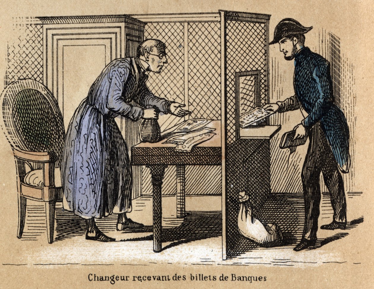 Popis různých produktů a použití papíru: transakce v bance, bankéř obdrží papírové bankovky. Talíř “” Le papier et ses produits”” v “” les Recreations instructives”” Synoptický obraz od Julese Delbrucka, rytina z roku 1860. Priva od French School