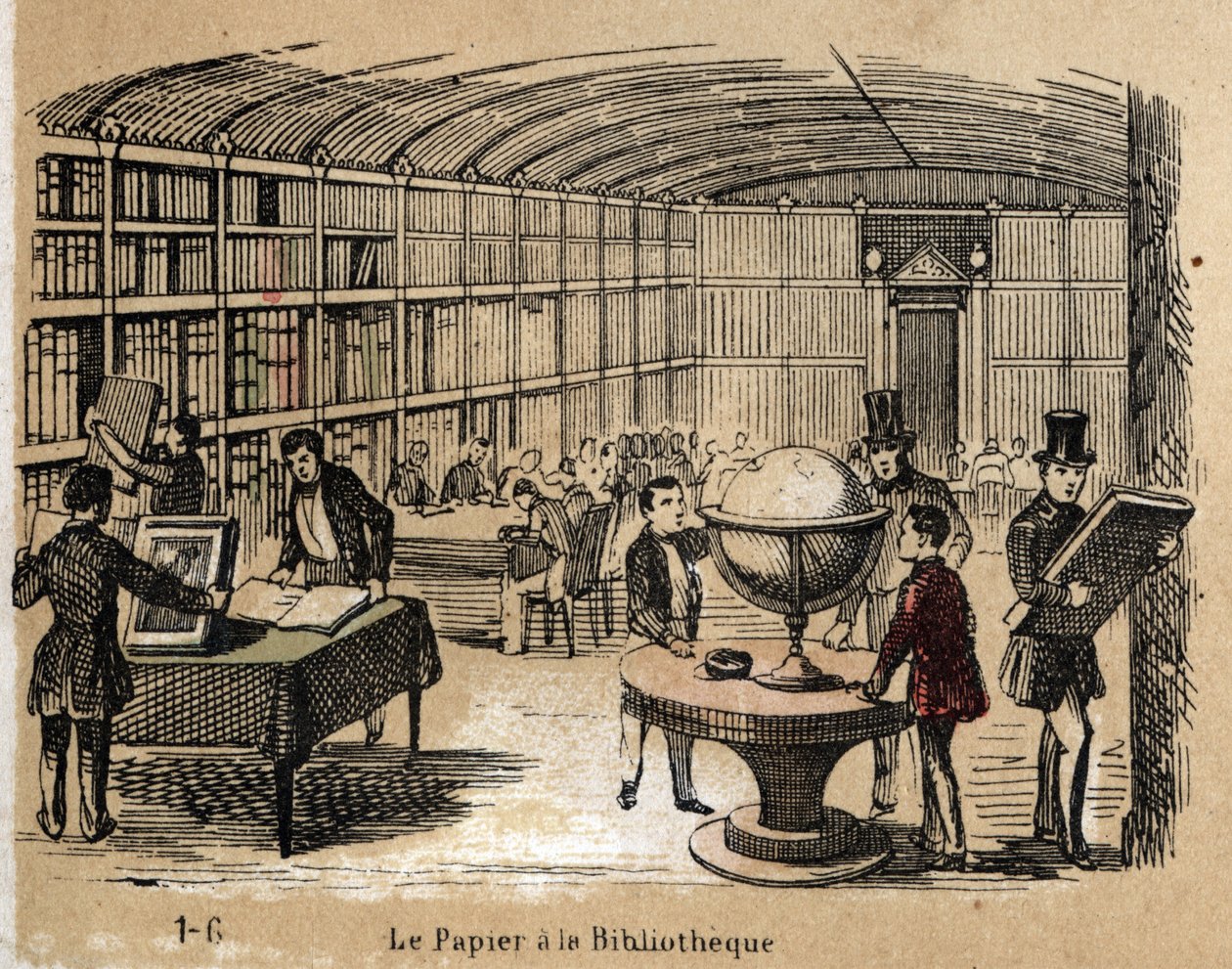 Popis různých produktů a použití papíru: pohled na knihovnu obsahující papírny. Talíř „“ Le papier et ses produits““ v „“ les Recreations instructives““ Synoptický obraz od Julese Delbrucka, rytina z roku 1860. Soukromá sbírka. od French School