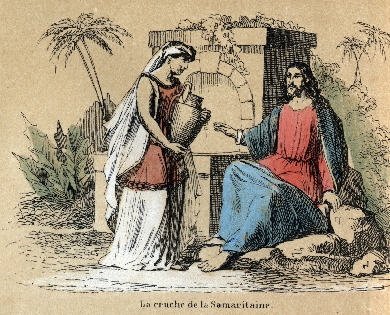 Popis různých fází výroby a použití hlíny: Ježíš a Samaritán nesoucí hliněný džbán v Bibli. Talíř “” Hlína a její produkty”” v “” Les Recreations instructives”” Synoptický obraz od Julese DELBRUCKA, rytina z roku 1860. Soukromé od French School