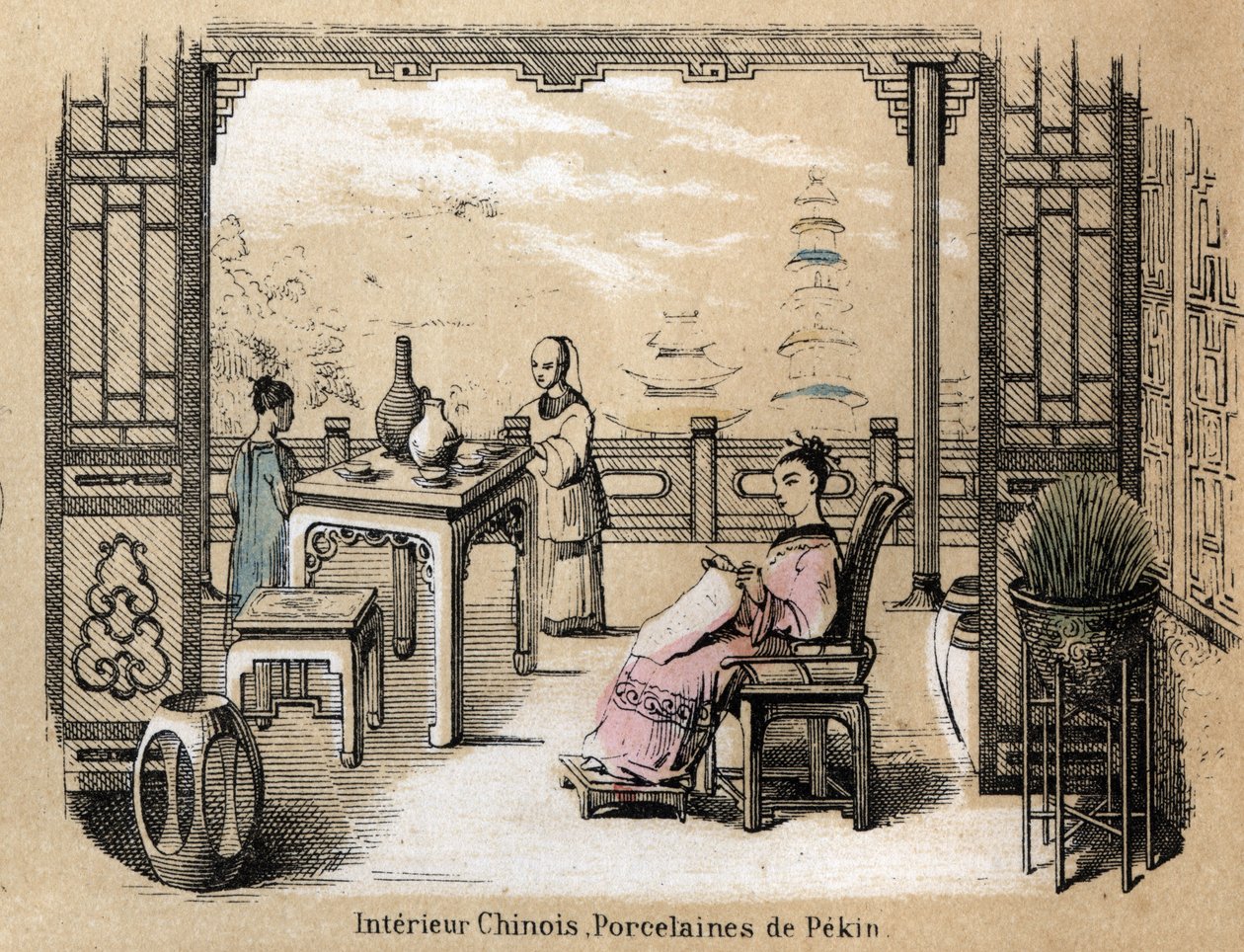 Popis různých fází výroby a použití hlíny: čínský interiér s pekinským porcelánem. Talíř “” Hlína a její produkty”” v “” Les Recreations instructives”” Synoptická malba od Julese DELBRUCKA, rytina z roku 1860. Soukromá sbírka od French School