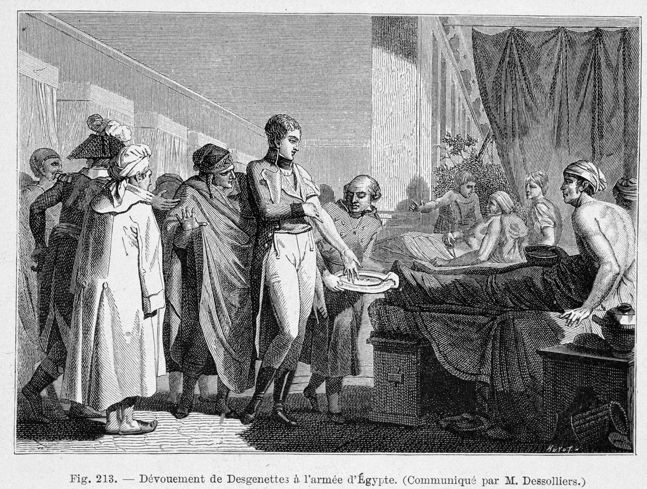 Desgenettes oddanost egyptské armádě (dávat svou krev) - rytina od French School