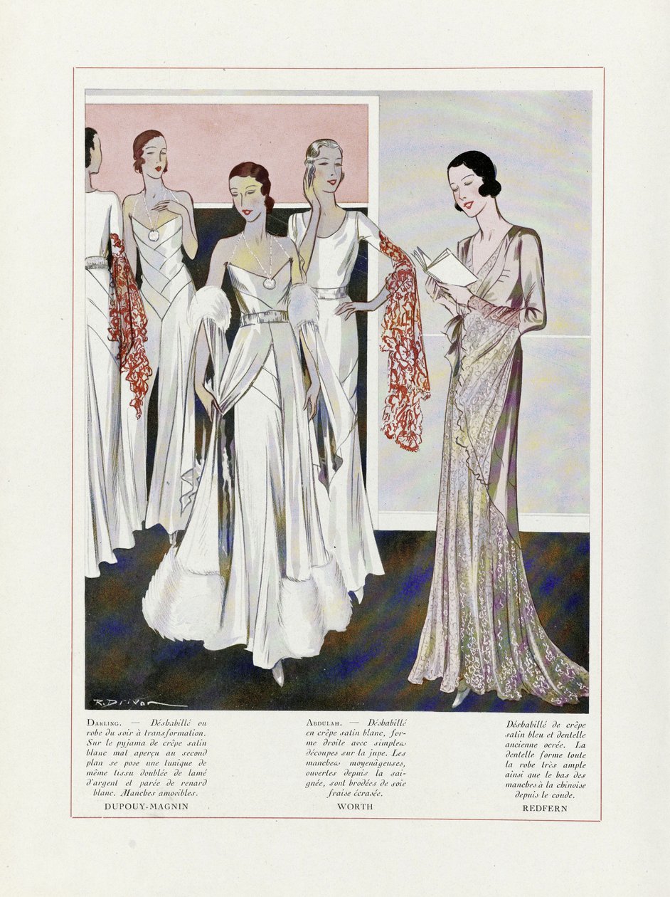 Návrh večerních šatů od Depouy-Magnina, Wortha a Redferna, z knihy Art, Gout, Beaute, pub. 1931 (barevná litografie) od French School