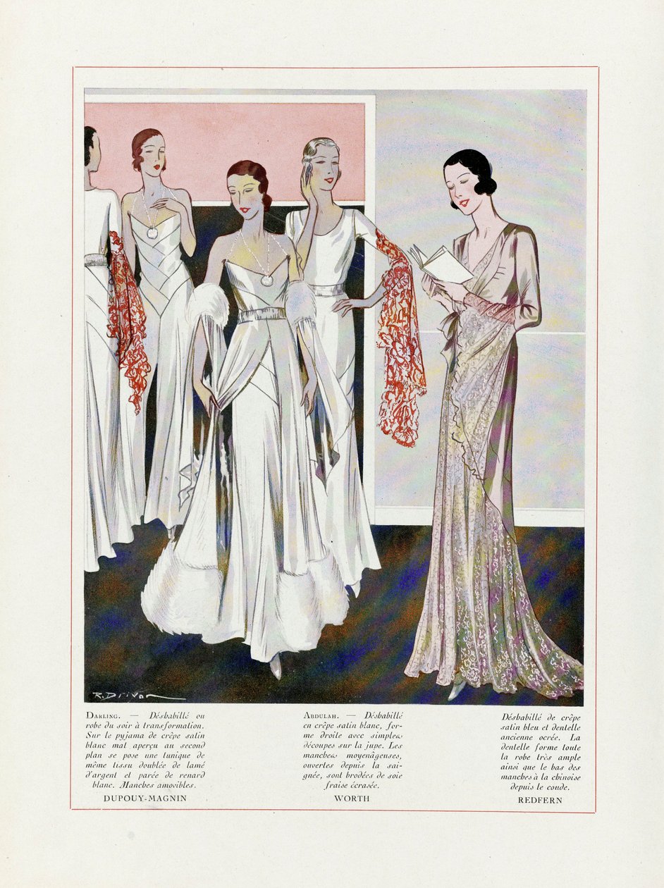 Design pro večerní šaty od Depouy-Magnin, Worth a Redfern, hospoda. 1931 barevná litografie. od French School