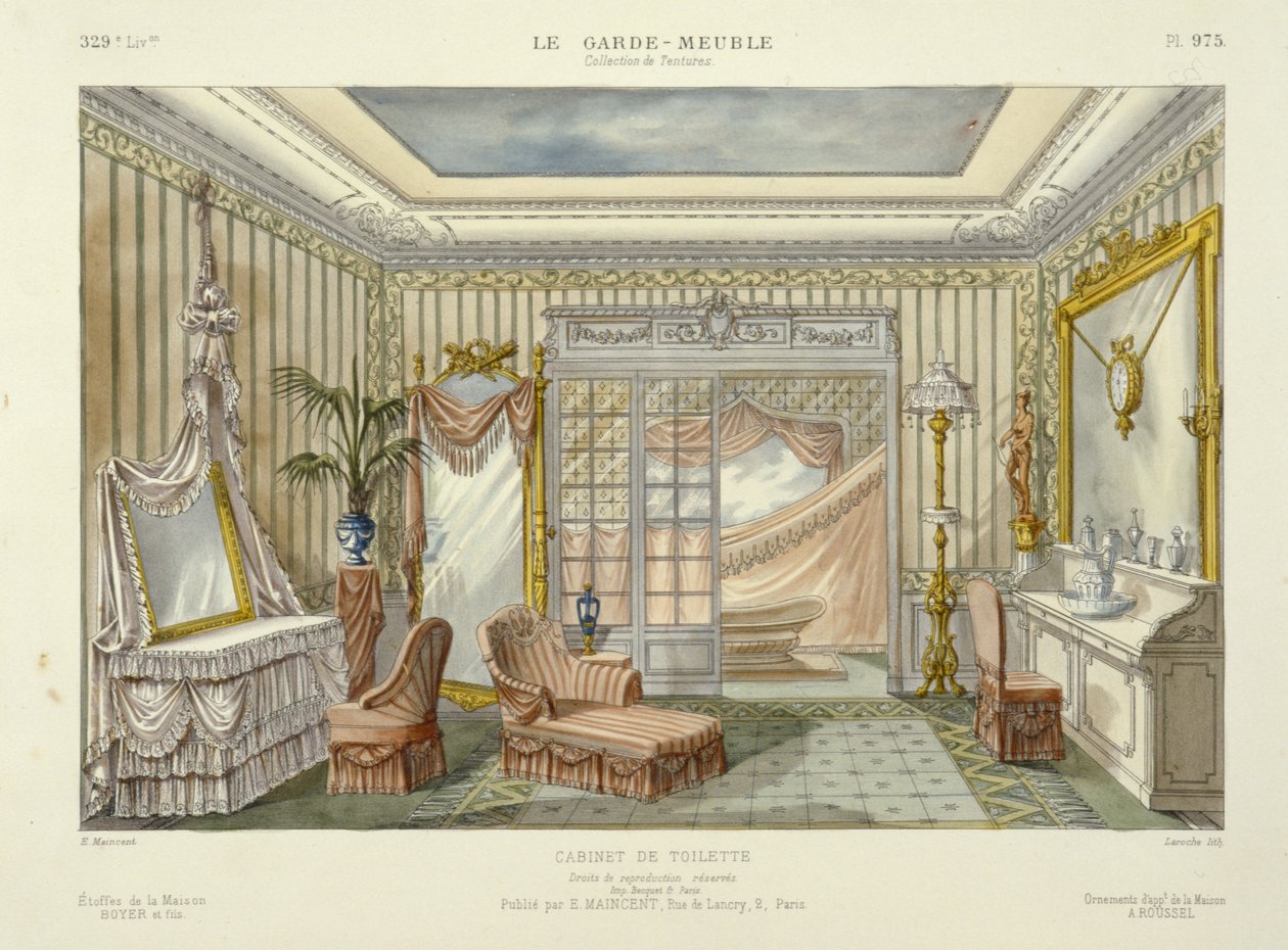 Návrh koupelnového apartmá z Le Garde-Meuble, Pub. Paris, cca 1890 (barevná litografie) od French School
