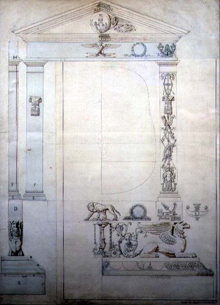 Design pro zrcadlo Cheval, c.1815 (pero, inkoust a akvarel na papíře) od French School