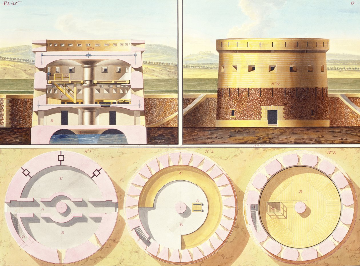 Návrh opevnění na předměstí Paříže - perspektivní pohled, řez a tři půdorysy centrální věže, cca 1813 (wc, pero a barevné inkousty přes tužku na papíře) (viz také 273040) od French School