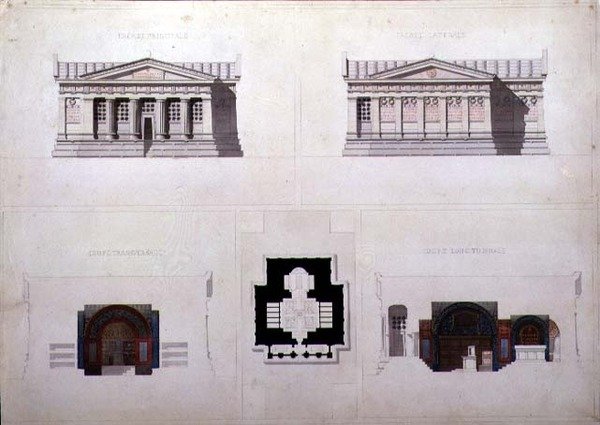 Design pro mauzoleum ve stylu řeckého obrození, C.1835 (pero a inkoust s akvarelem na papíře) od French School