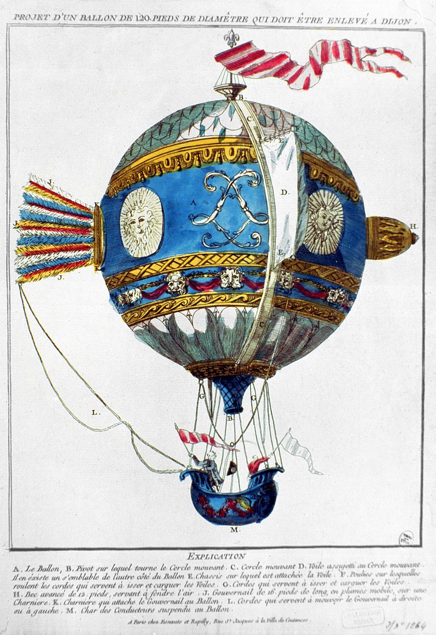 Návrh horkovzdušného balónu o průměru 120 stop ke startu v Dijonu, kolem roku 1784 (barevná rytina) od French School