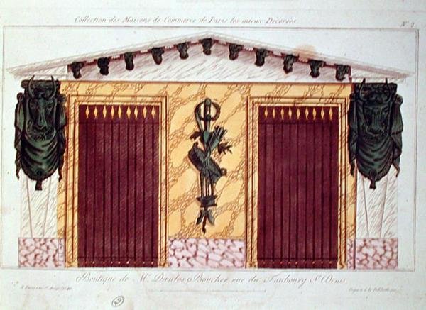 Návrh fasády řeznictví, ze série zobrazující nejlépe zdobené obchodní budovy v Paříži, kolem roku 1810 (barevné lito) od French School