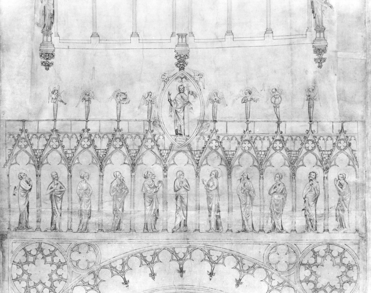 Návrh pro galerii králů na fasádě štrasburské katedrály, cca 1380 (pero & inkoust & kvaš na papíře) (detail) (viz 207686) od French School