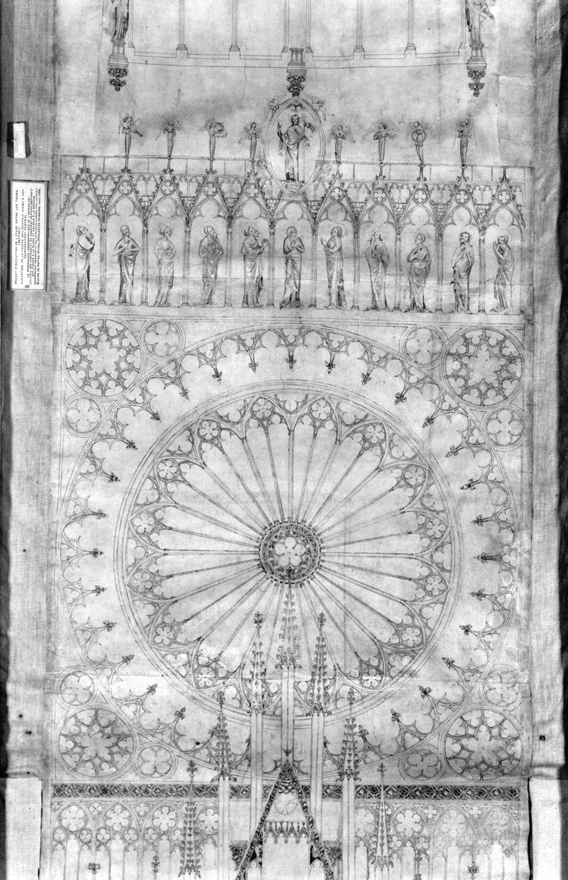 Návrh pro růžové okno a galerii králů na fasádě štrasburské katedrály, cca 1380 (pero & inkoust & kvaš na papíře) (viz detail 207685) od French School