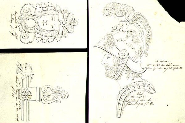 Návrhy na bronzové držáky na nábytek ormolu, cca 1825 (pero a inkoust na papíře) od French School