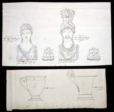 Návrhy pro pozlacené bronzové držáky na nábytek ormolu a porcelánové šálky z francouzského empíru, cca 1820 (pero a inkoust na papíře) od French School