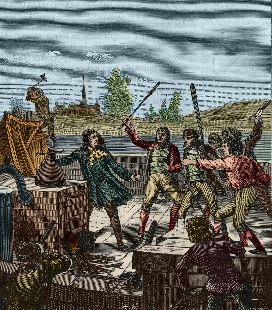 Zničení Papinova parníku - Denis Papin (1647-1712) sledoval jeho kolesový parník zničený lodníky z Muendenu v roce 1707 - Les Bateliers de Munden rozbili parník Denisem Papinem (1647-1712) - Rytina v „“ Vědy zasazené na dosah ze všech - od French School