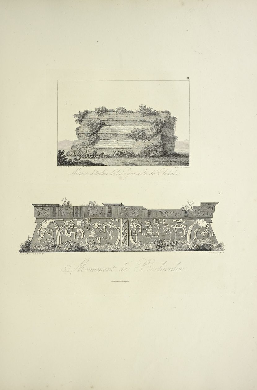 Samostatná mše pyramidy Cholula a památník Xochicalco, ilustrace z „Pohledy na Kordillery a památníky domorodých národů Ameriky“ od Alexandra von Humboldta a Aime Bonpland od French School
