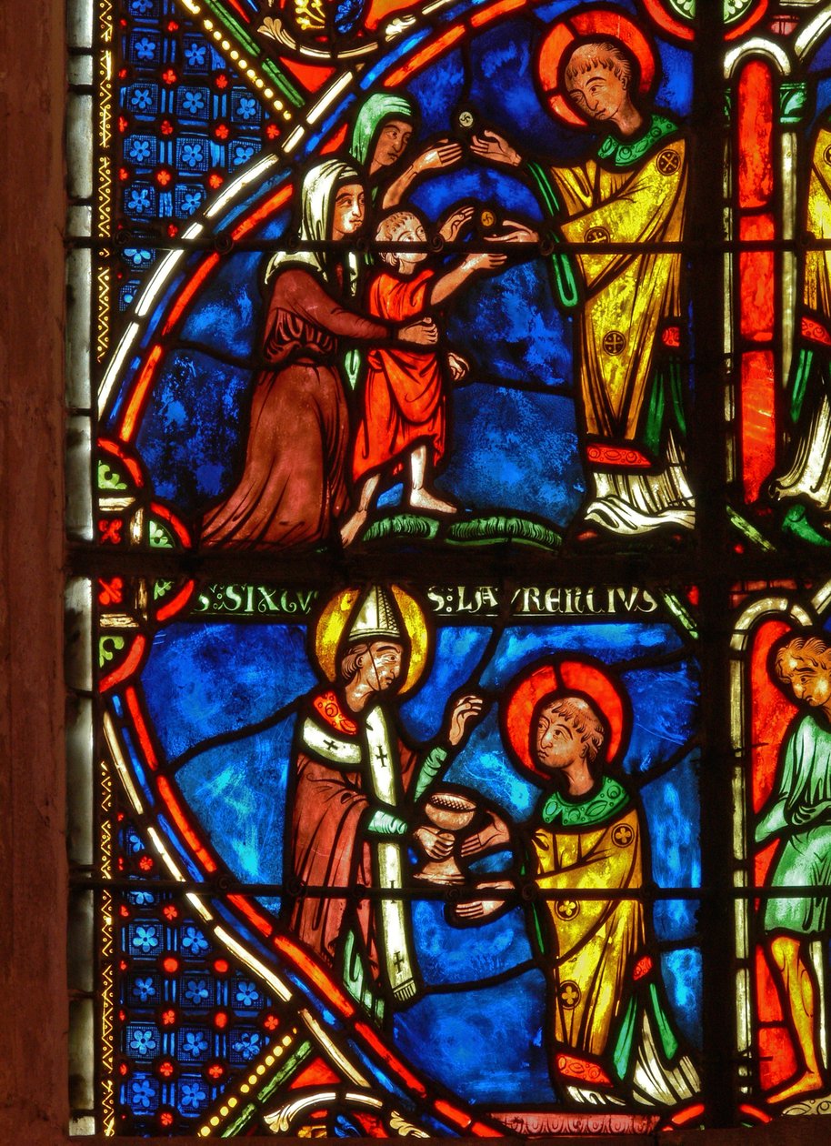 Detail z okna zobrazující výjevy ze života sv. Vavřince od French School