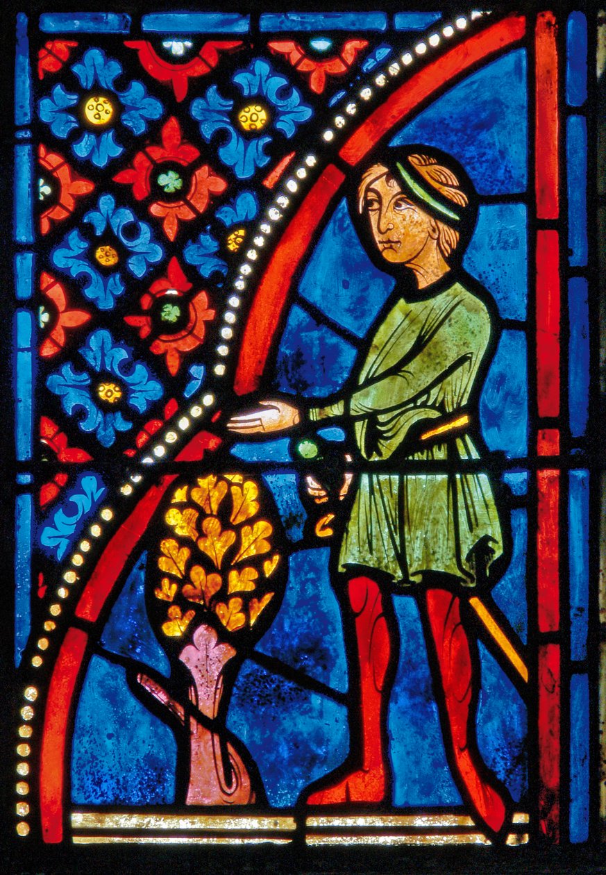 Detail z okna zobrazující výjevy ze života Panny Marie Egyptské od French School
