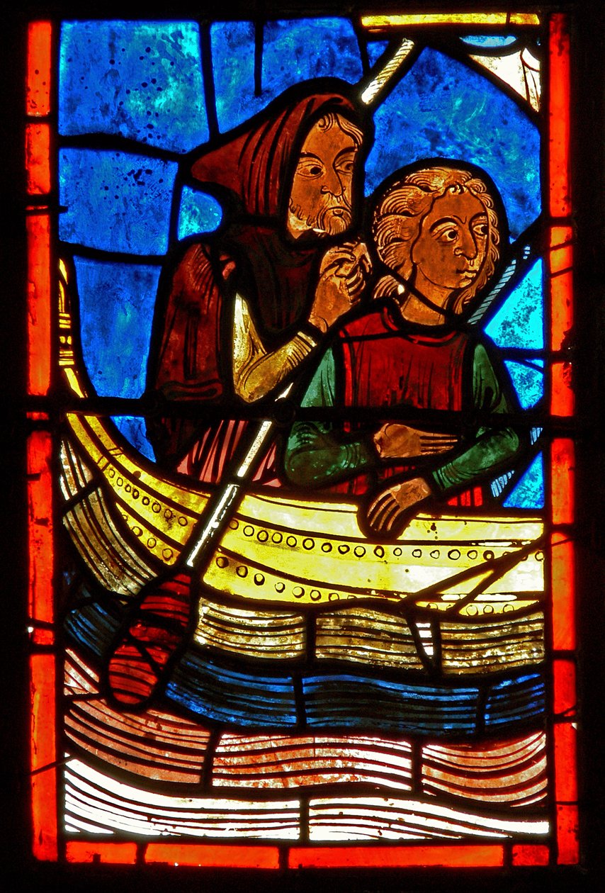 Detail z okna zobrazující výjevy ze života Panny Marie Egyptské od French School