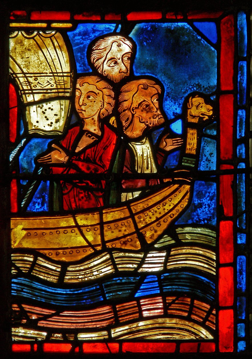 Detail z okna zobrazující výjevy ze života Panny Marie Egyptské od French School