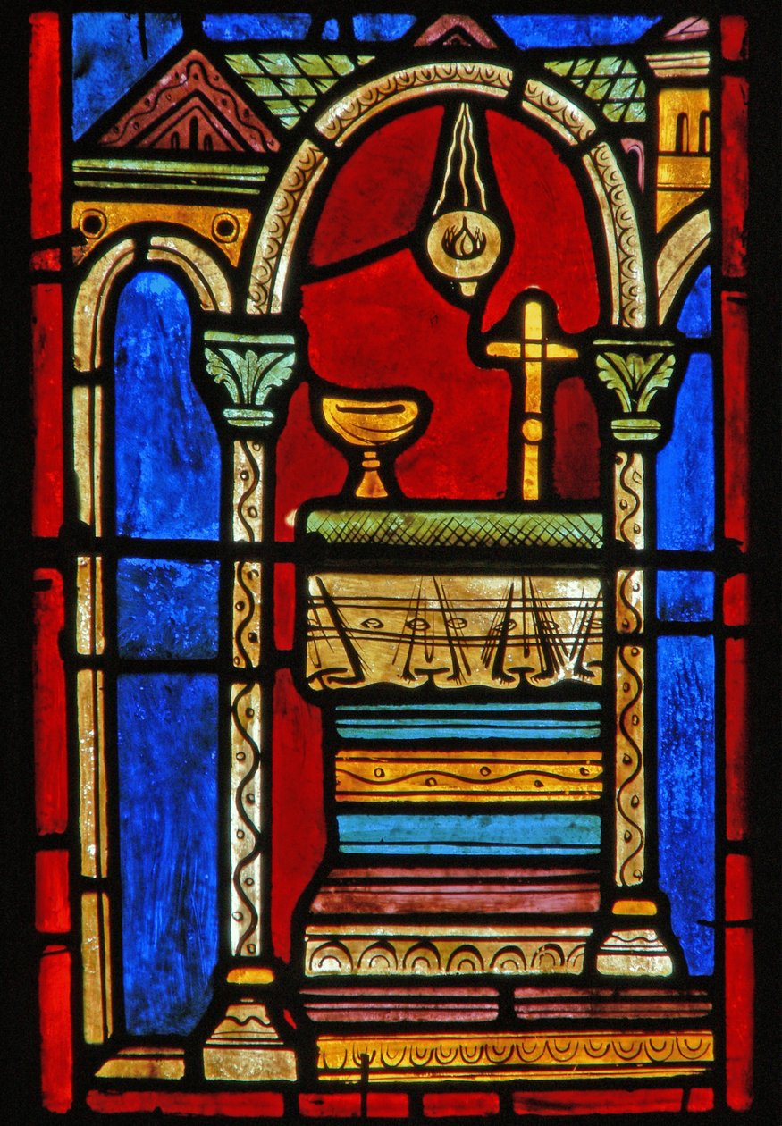 Detail z okna zobrazující výjevy ze života Panny Marie Egyptské od French School