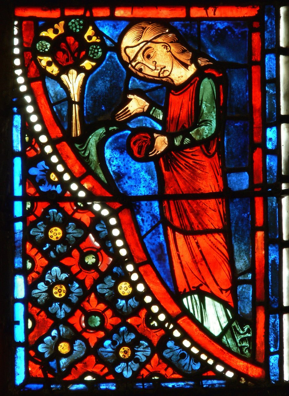 Detail z okna zobrazující výjevy ze života Panny Marie Egyptské od French School