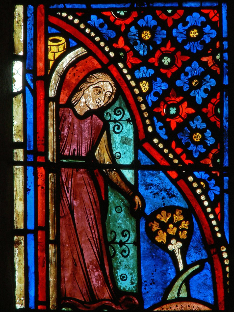 Detail okna s výjevy ze života svaté Marie Egyptské od French School