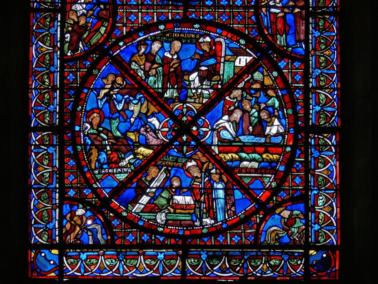 Detail z okna zobrazující výjevy ze života sv. Štěpána od French School
