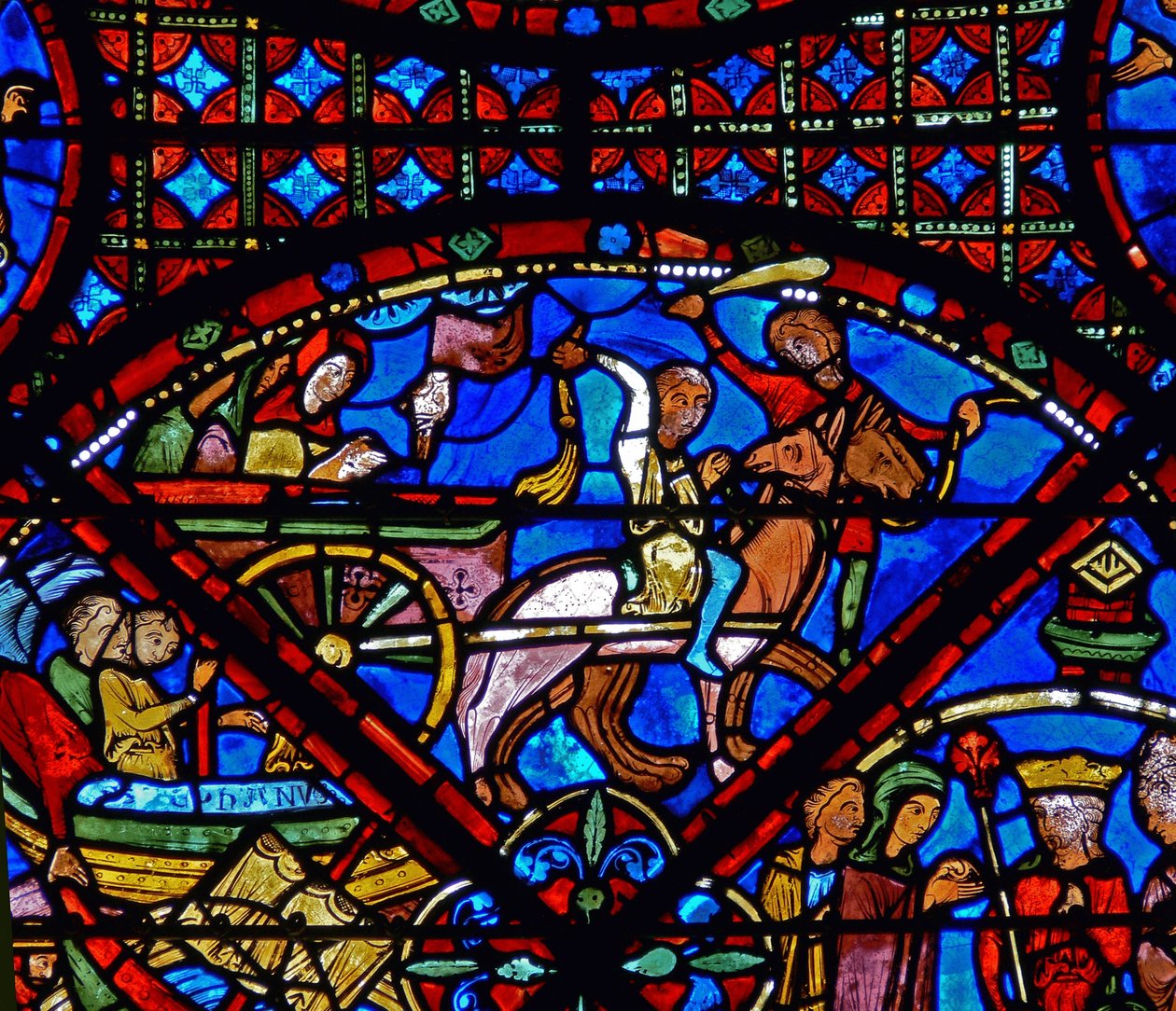 Detail z okna zobrazující výjevy ze života sv. Štěpána: kůň a vůz od French School
