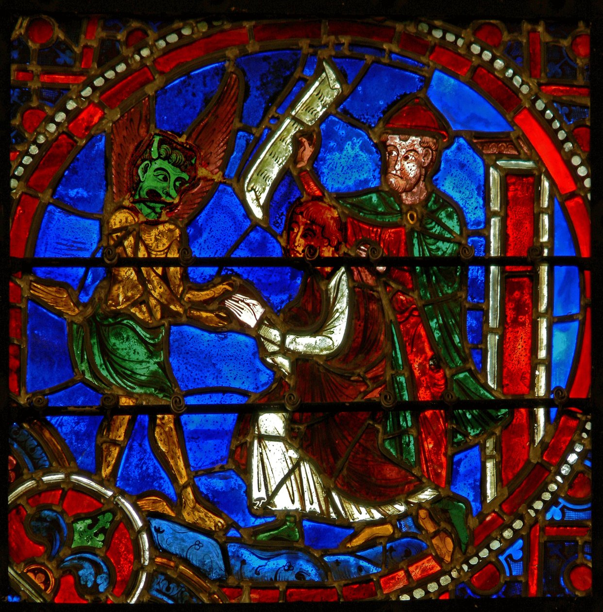 Detail z okna zobrazující scény ze zázraku Theophilus od French School