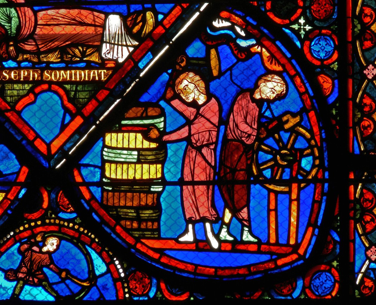 Detail z okna zobrazující scény z příběhu o Josefovi od French School