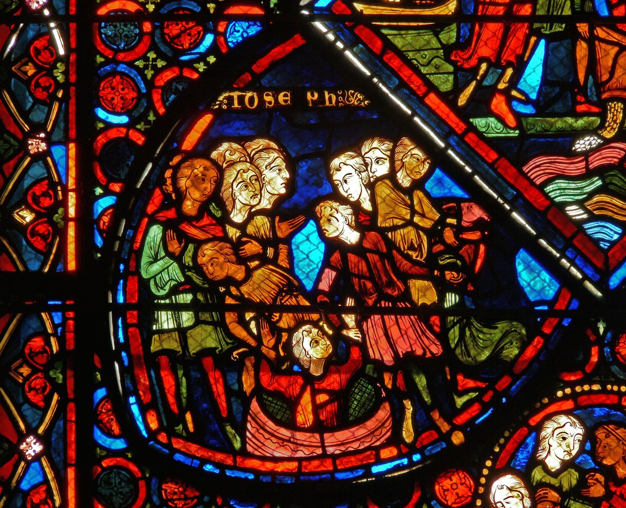Detail z okna zobrazující scény z příběhu o Josefovi od French School