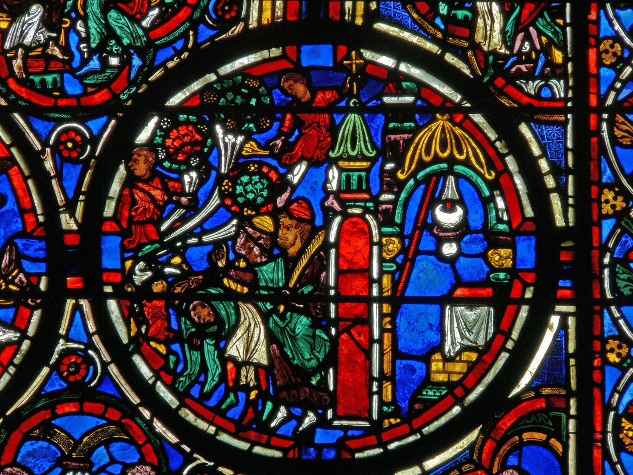 Detail z okna zobrazující umučení: pozdrav Krista při jeho vjezdu do Jeruzaléma od French School
