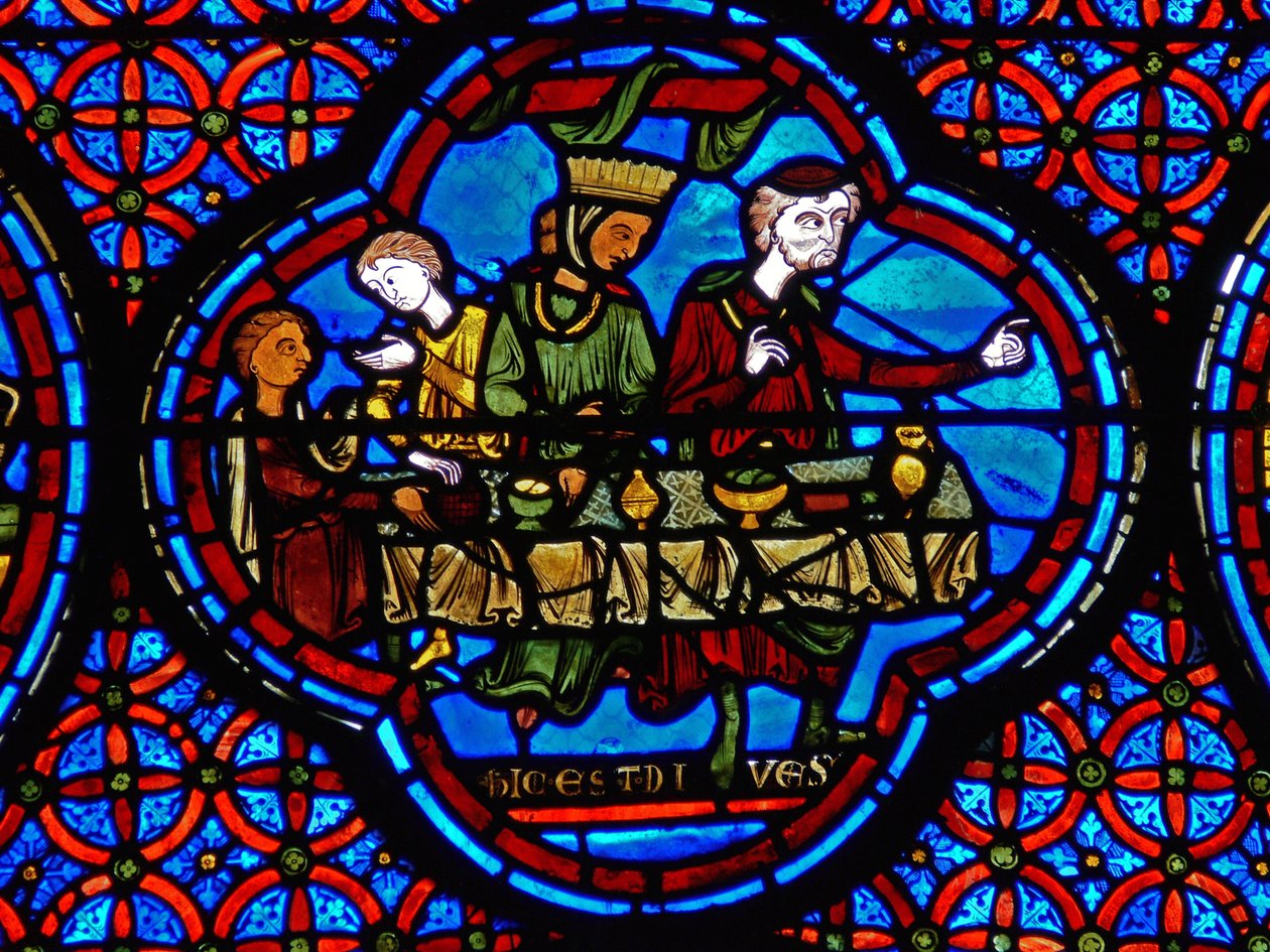 Detail z okna zobrazující podobenství o Lazarovi a ponorech od French School