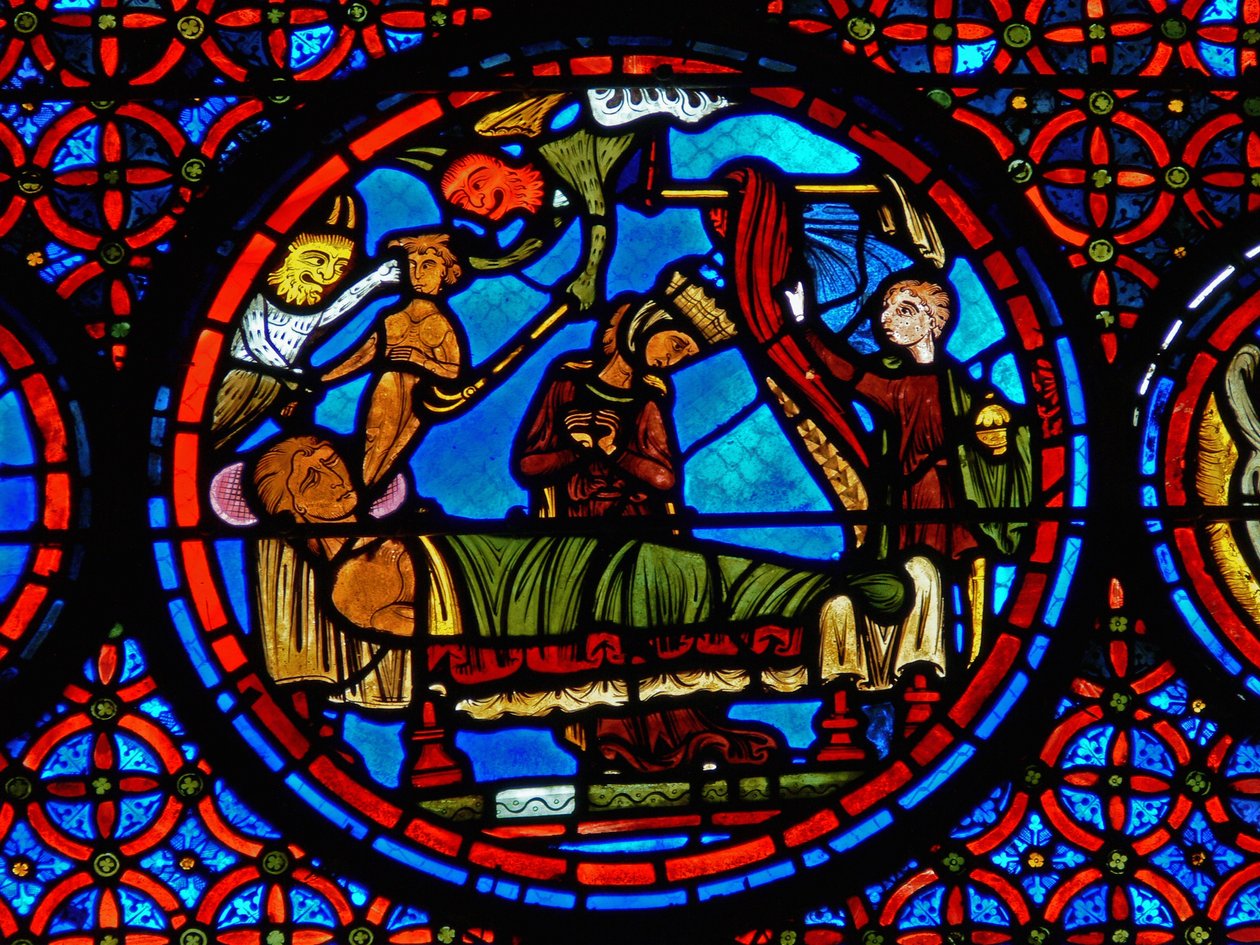 Detail z okna zobrazující podobenství o Lazarovi a ponorech od French School
