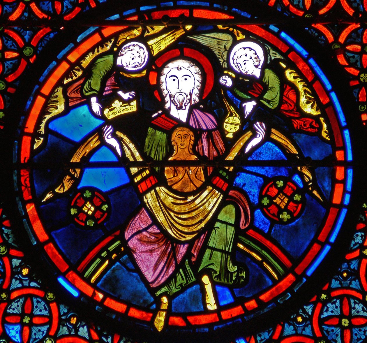 Detail z okna zobrazující podobenství o Lazarovi a Dives: Lazar v lůně Abrahamově od French School