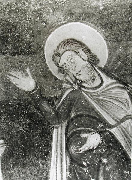 Detail sv. Savina, z fresky zobrazující sv. Savina a sv. Cypriena vysvobozeného ze zvířat, cca 1100 (freska) (černobílá fotografie) od French School