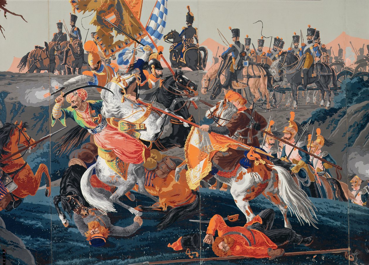 Detail bitvy u Slavkova, panoramatický design tapety, 1827-29 (tapeta) od French School